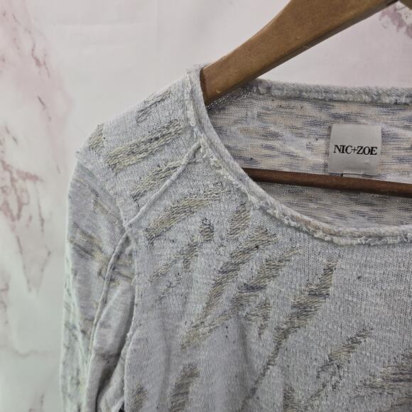 Nic + Zoe Top Womens Large Light Blue Linen Long Sleeve Round Neck Stripe - Picture 2 of 10